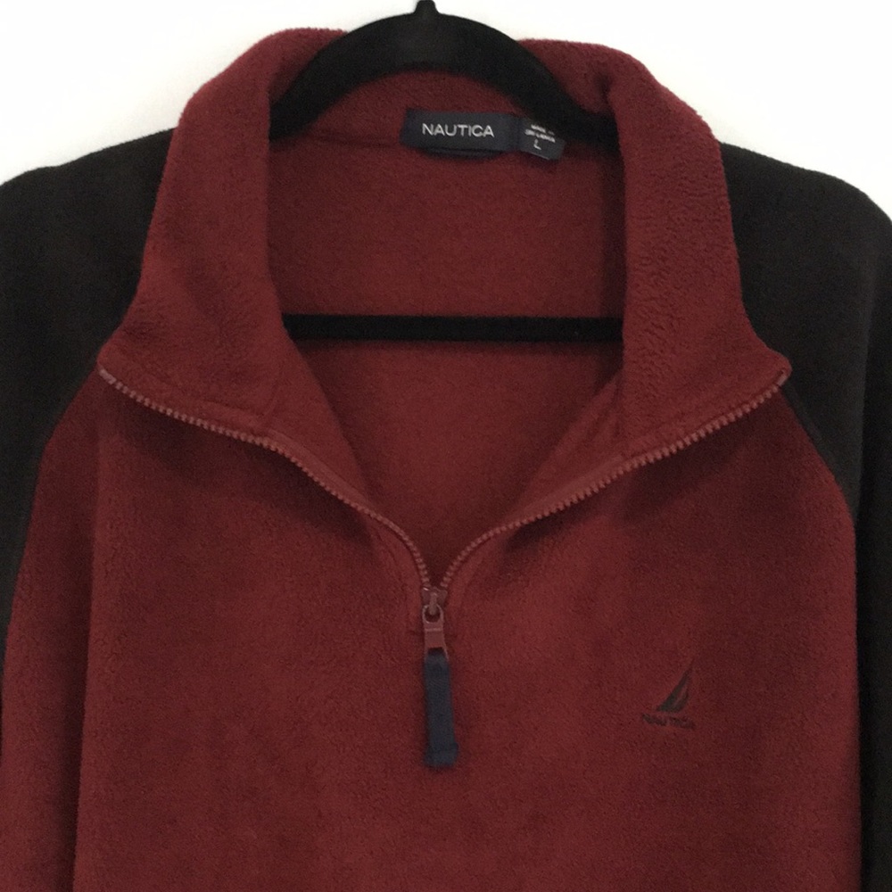 Nautica men’s fleece sweatshirt long sleeve zippered tee shirt maroon black EUC